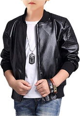 Boy's Fax PU Leather Bomber Jacket Zip Up Long Sleeve Biker Outerwear Motorcycle Coat Streetwear