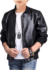 Boy's Fax PU Leather Bomber Jacket Zip Up Long Sleeve Biker Outerwear Motorcycle Coat Streetwear