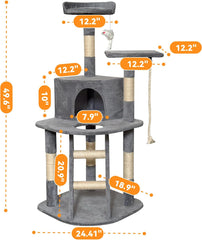 49inch Cat Tree Tower with Condo for Indoor,Scratching Post and Hanging Toys,Multi-Level,Small Space,for Small and Medium Cats (Grey, 24inch)