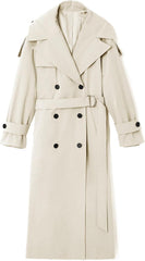 Farktop Womens Oversized Long Trench Coat Double Breasted Lapel Windproof Overcoat with Belt