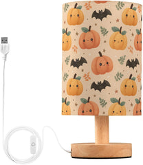 Cute Pumpkins Bats Leaves Bedside Table Lamp Small Desk Lamps Linen Fabric Shade Decorative Nightstand Lamp LED with USB Port Wood Base for Bedroom Living Room
