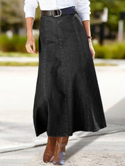 Flamingals A-Line High Rise Vintage Wash Stitch Detail Long Denim Skirt Without Belt