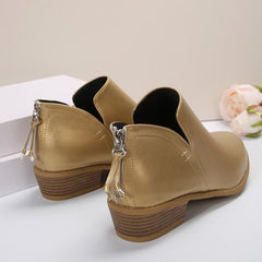 Women's Pointed Toe Leather Stacked Heel Western Ankle Bootie Womens Ankle Boots Fashion Side V Cut Rear Zipper Low Chunky Heel Stylish Casual Short Western Booties Pull On Work Shoes