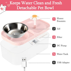 TODDLT Water Fountain for Cats Inside, Cat Feeding & Watering Supplies, Super Quiet Automatic Pet Water Dispenser 100oz/3L with Stainless Steel Cat Bowls and Long Life Span Pump