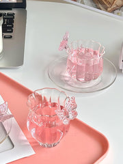 belupai Coffee Cup Mug with Saucer, 5oz Clear Butterflys Glass Cup Creative Iced Coffee Glasses Striped Flower Shape Drink Cups Tea Cup Demitasse for Iced (Narcissus single cup)