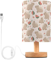 Capybaras Watermelon Cute Bedside Table Lamp Small Desk Lamps Linen Fabric Shade Decorative Nightstand Lamp LED with USB Port Wood Base for Bedroom Living Room