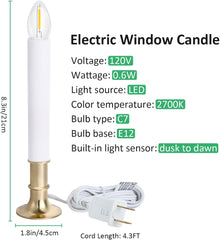 4-Pack Electric Christmas Window Candle Lights Dusk to Dawn with Shatterproof Plastic LED Bulbs, Plug-in Corded Window Candle Lamps, Auto On/Off Light Sensor, 4 Suction Cups Included, Warm White