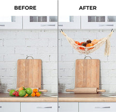 2 Pack Hanging Fruit Hammock Under Cabinet Hanging Basket Includes Hooks - Macrame Bohemian Hanging Banana Vegetable Hammocks Kitchen Storage Counter Space Saving Decoration at Home, Boat, Rv(Style A)