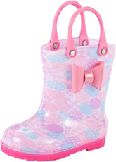 Rain Boots, Toddler Bowknot Fun Patterns Short Rain Boots, Kids Girls Boys Easy-On Handles Waterproof Rubber Shoes