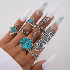 Women Retro Turquoise Knuckle Stackable Gift Halloween Jewelry Accessories Set