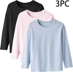 3 Pack Girls Long Sleeve T-Shirts Toddler Soft Modal Top Kids Boys Crewneck Basic Solid Layering Tees for 1-15 Years