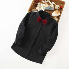Boys Button Down Shirts Long Sleeve School Uniform Basic Tops with Bow Tie Kids Lapel Undershirt Formal Clothes