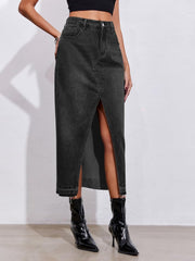 Fisoew Women's Long Denim Maxi Skirts High Waisted Frayed Hem Western Split Jean Skirt Streetwear