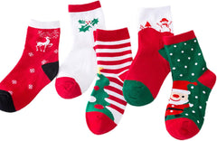 5 Pairs Kids Christmas Cotton Socks Elk Snowman Santa Holiday Hosiery