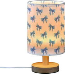 Cute Blue Bows Pattern Bedside Table Lamp Small Desk Lamps Linen Fabric Shade Decorative Nightstand Lamp LED with USB Port Wood Base for Bedroom Living Room