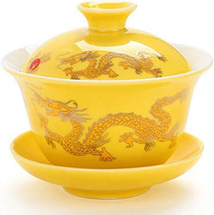 Porcelain Kung Fu Tea Cup and Saucer with Lid, Chinese Traditional Gaiwan Sancai Tea Bowl Tea Set Dragon Pattern (Black)