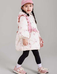 Girls Down Coat Floral Hooded Padded Jacket Kids Outdoor Heavyweight Warm Outerwear