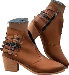 Women's V Cut Out Stacked Heel Retro Ankle Boots with Belt Buckle Side Zipper Block Low Heel Pointed Toe Goth Punk Boot Women Chunky Heels Fall Winter Leather Short Booties Shoes