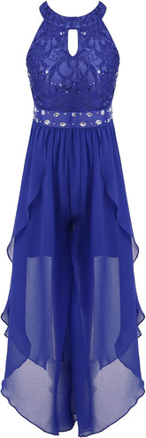 Jelory Kids Flower Girl Sleeveless Floral Lace Wedding Bridesmaid Long Romper Dress Birthday Party Maxi Ball Gown