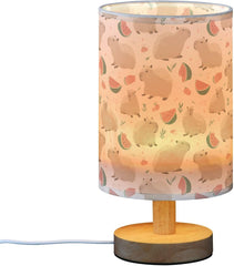 Capybaras Watermelon Cute Bedside Table Lamp Small Desk Lamps Linen Fabric Shade Decorative Nightstand Lamp LED with USB Port Wood Base for Bedroom Living Room