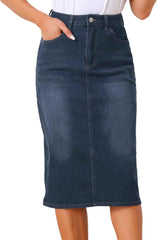 Allegra K Casual Denim Skirt for Women's High Waist Split Back Pockets Midi Jean Skirts