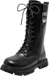 Girls Riding Boots Knee High PU Leather Motorcycle Boots Side Zipper Mid Calf Shoes for Toddler/Kids