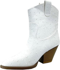 Women's Rhinestone Block Heel Mid Calf Short Ankle Booties Knee High Boots