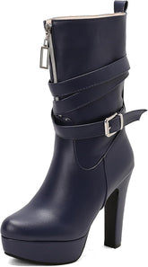 Fashion Block High Heels Mid Calf Boots Platform for Women