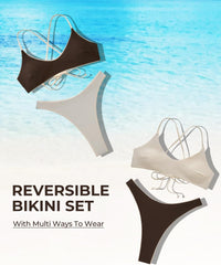 SUUKSESS Women High Waisted Thong Bikini Set Reversible String 2 Piece Swimsuit