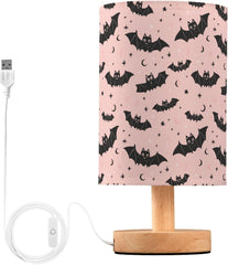 Moon Bat Silhouettes Bedside Table Lamp Small Desk Lamps Linen Fabric Shade Decorative Nightstand Lamp LED with USB Port Wood Base for Bedroom Living Room