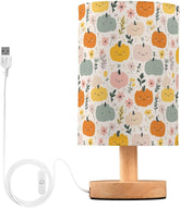 Cartoon Colorful Pumpkin Bedside Table Lamp Small Desk Lamps Linen Fabric Shade Decorative Nightstand Lamp LED with USB Port Wood Base for Bedroom Living Room