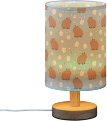 Cartoon Daisies Capybara Bedside Table Lamp Small Desk Lamps Linen Fabric Shade Decorative Nightstand Lamp LED with USB Port Wood Base for Bedroom Living Room