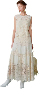 ChicVibes Women's High-Waisted Crochet Lace Maxi Skirt with Floral Cutout Design, A-Line Embroidered Skirt & Opaque Lining