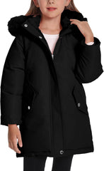 Happy Cherry Girls Winter Warm Thicken Jacket with Fleece Line Long Sleeve Coat Mid-Length Hooded Parka Jackets 3-11Y