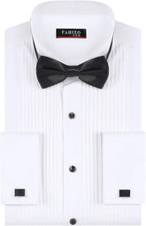 FAHIZO Men's White Tuxedo Shirt with Wing Collar, French Cuffs & Accessories