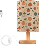 Colorful Bats Pumpkins Leaves Bedside Table Lamp Small Desk Lamps Linen Fabric Shade Decorative Nightstand Lamp LED with USB Port Wood Base for Bedroom Living Room