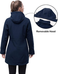 33,000ft Women's Waterproof Softshell Long Rain Jacket with Hood Fleece Lined Windproof Windbreaker