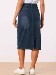 Allegra K Casual Denim Skirt for Women's High Waist Split Back Pockets Midi Jean Skirts