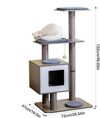 Cat Tree 29" Wooden Cat Tower with Condos,Spacious Perches,5 Fully Enclosed Sisal Scratching Posts and Dangling Pom Poms,5 Tier Modern Cat Tower with Activity Pads for Indoor and Outdoor Use,Gray