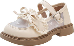 Girls Wedding Shoes Mesh Hollow Leather Bow Lace Sneakers Elegant Non Slip Ankle Strap Birthday Shoes for Kids
