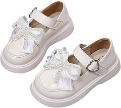 Girls Elegant Sneakers Bow Pearl Cute Sequins Ankle Mary Jane Shoes Leather Soft Wedding Birthday Shoes for Kids