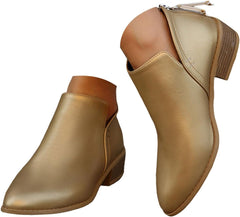 Women's Pointed Toe Leather Stacked Heel Western Ankle Bootie Womens Ankle Boots Fashion Side V Cut Rear Zipper Low Chunky Heel Stylish Casual Short Western Booties Pull On Work Shoes