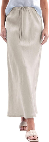 Amazhiyu Women's 100% Linen Drawstring A-Line Midi Skirt for Casual Summer Spring