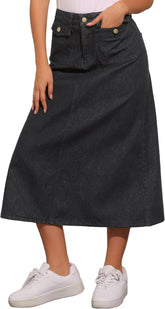 Allegra K Long Jean Skirts for Women's High Waisted Flap Pocket A-Line Vintage Denim Maxi Skirt