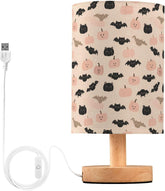 Cute Pastel Pumpkin Bats Bedside Table Lamp Small Desk Lamps Linen Fabric Shade Decorative Nightstand Lamp LED with USB Port Wood Base for Bedroom Living Room