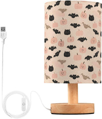 Cute Pastel Pumpkin Bats Bedside Table Lamp Small Desk Lamps Linen Fabric Shade Decorative Nightstand Lamp LED with USB Port Wood Base for Bedroom Living Room