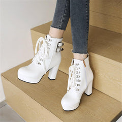 Inornever Lace Up Chunky Heel Ankle Boots for Women Side Zipper Closure Double Buckle Straps PU Leather Platform Womens Boots Beige White Red Pink Black Shoes