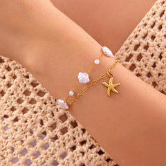 1PC Star-shaped Pearl Bracelets, Adjustable Layered Ocean Hand Chain, Hypoallergenic Beach Jewelry, Stackable Sea Theme Bracelet, Durable Ocean Inspired Accessory (Gold&White)