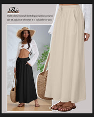 Ficerd 3 Pack Women's Maxi Long Skirts, Ankle Length a Line Elastic High Waist Summer Casual Drawstring Skirts with Pockets