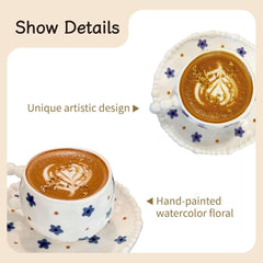 Floral Coffee Cup and Saucer Set, 10oz Ceramic Tea Cup with Hand-Painted Flowers, 3.7-inch Wide Porcelain Mug with Pearl Handle and 6.1-inch Saucer (Blue Floral)